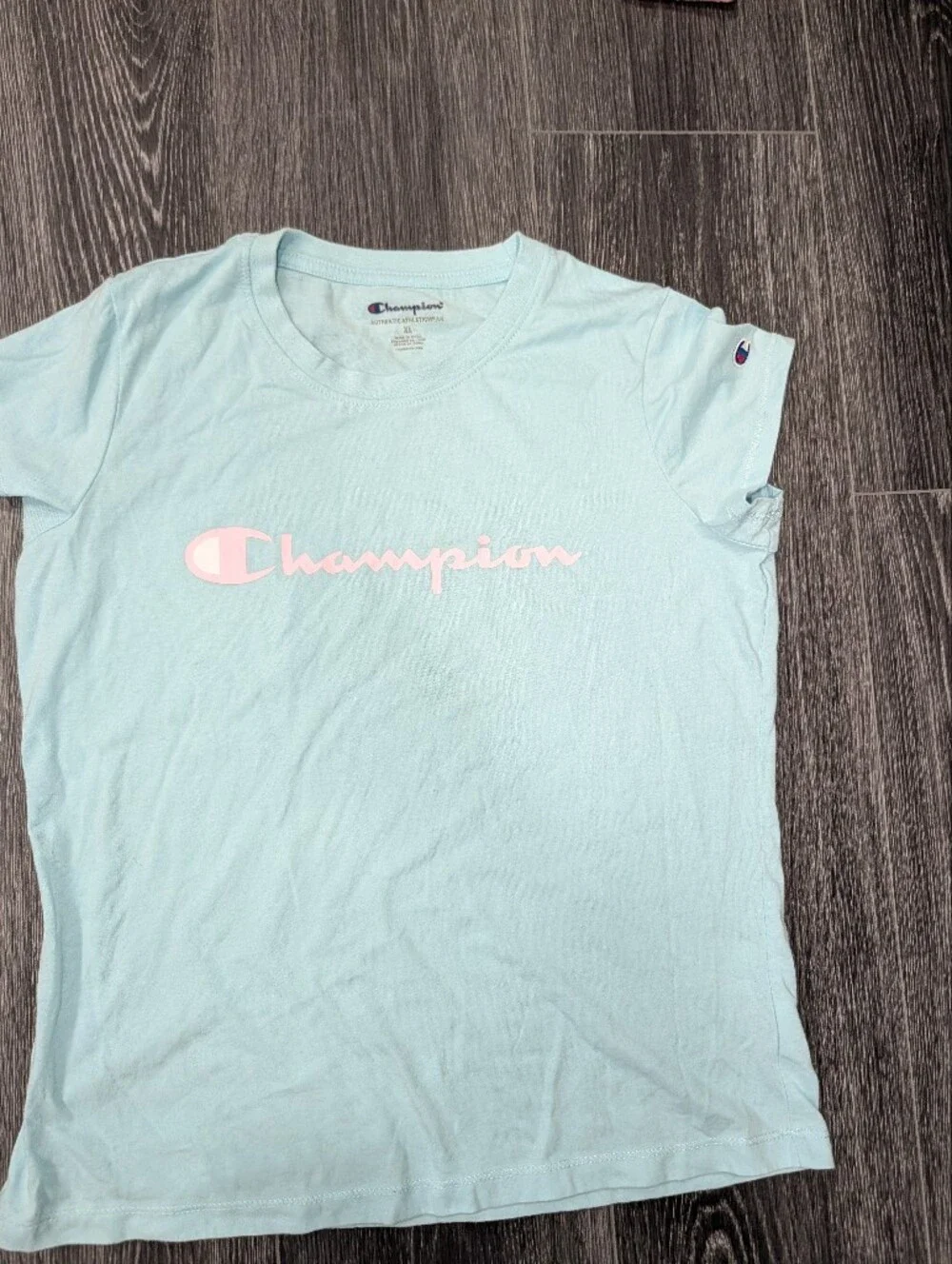 Champion Women's Light Blue Logo Tee with Pink Script